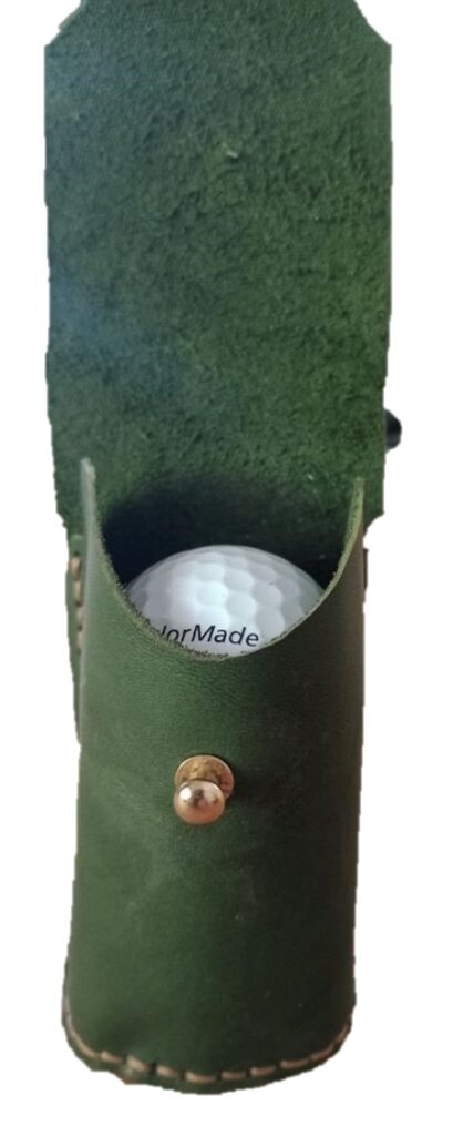 Leather golf ball holder showing the golf balls