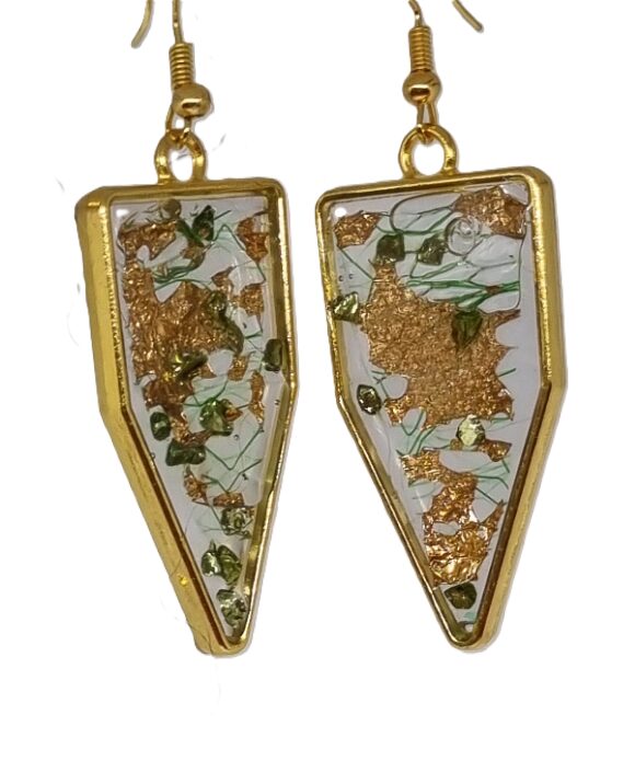Handmade Resin Art Gold Lace & Green Stone Arrow Earrings 🌿