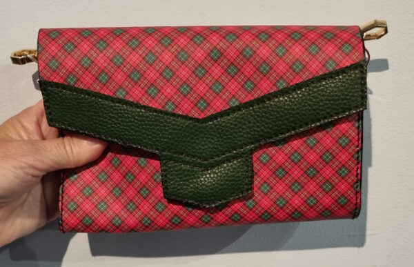 Red and green plaid clutch purse with contrasting green trim