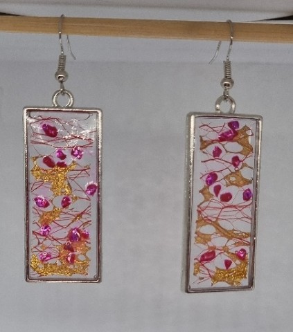Silver bezel, resin art, gold lace, rectangular earrings with pink stones